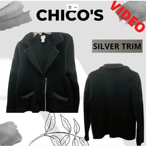 CHICO’S Knit  Sweater Jacket Silver Trim